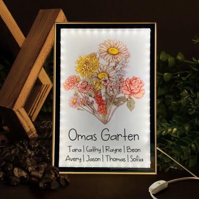 Personalisierte Nachtlichtlampe mit Blumenstrauß-Aufdruck im Garten der Großmutter mit den Namen der Enkelkinder. Einzigartiges Geburtstagsgeschenk für Mama, Oma, Babyparty-Geschenk, Muttertagsgeschenk