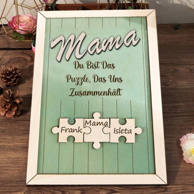 Personalisiertes Schild „Mama, Du bist das Teil, das uns zusammenhält“, Puzzleteile-Schild mit Kindernamen, Familienandenken, Geschenke für Mama, Oma, einzigartiges Muttertagsgeschenk