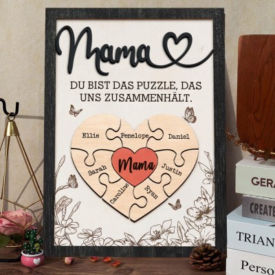 Personalisiertes Holzschild mit Puzzleteil für Mütter „Mama, du bist das Stück, das uns zusammenhält“ mit dem Namen Ihres Kindes, einzigartiges Muttertagsgeschenk für Mama, Oma, Geburtstagsgeschenk für die Ehefrau