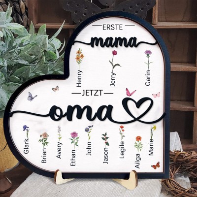 Personalisierter Holzrahmen mit dem Aufdruck „Erste Mama, jetzt Oma“ und Geburtsblumen, mit den Namen der Kinder. Ein einzigartiges Geburtstagsgeschenk für Mama oder Oma, kreative Geschenkideen zum Muttertag und ein Geschenk zur Schwangerschaft