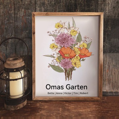 Individuell gestalteter Geburtsmonatsblumenstrauß im Holzrahmen von Omas Garten – Geschenkideen zum Muttertag und für die ganze Familie!
