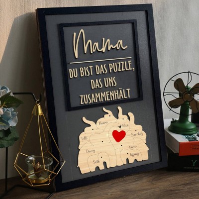 Personalisiertes Holz-Puzzle mit 3–8 Elefanten-Teilen, Familienrahmenschild mit Kindernamen, einzigartiges Geburtstagsgeschenk für Mama, Babyparty-Geschenk, Muttertagsgeschenkideen