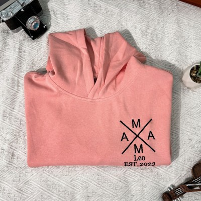 Benutzerdefiniertes MAMA-besticktes Kapuzenpullover-Sweatshirt mit Kindernamen. Einzigartiges Andenken-Geschenk für Mama und Oma. Erstes Muttertagsgeschenk für neue Mama.