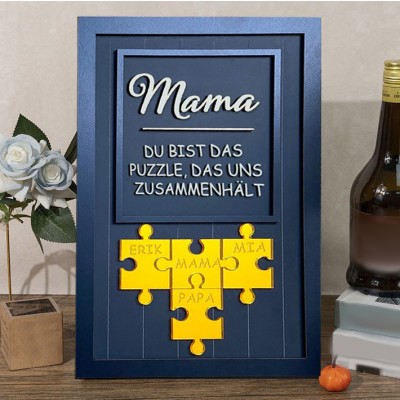 Personalisiertes Schild „Mama, Du bist das Teil, das uns zusammenhält“ aus Holz mit Puzzleteilen und Namen, einzigartiges, ideales Geschenk für Mama, Oma, Geschenkideen zum Muttertag