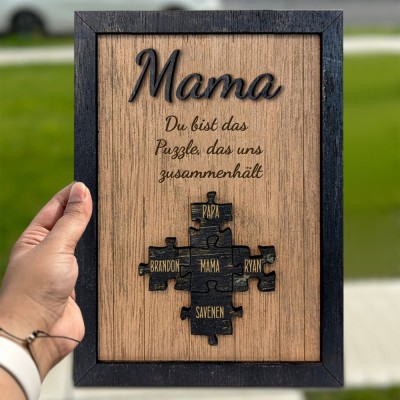 Personalisierter Holzpuzzlerahmen "Mama, du bist es, der uns zusammenhält" mit Namenslogo, einzigartige Wahl für Mama, Oma und Muttertagsgeschenk