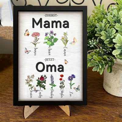 Personalisiertes Geburtsblumen-Schild aus Holz mit den Namen der Kinder – „Erst Mama, jetzt Oma“. Sorgfältig gefertigtes, einzigartiges Geschenk für Mama, Oma und zum Muttertag oder zu Weihnachten.