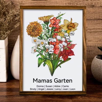 Personalisierter Geburtsblumenstrauß „Mamas Garten“ mit Familienrahmen – Herzliches Geschenk für Mama und Oma – Geschenkideen zum Muttertag