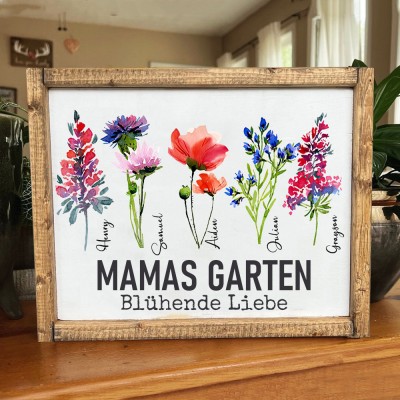 Personalisiertes Geburtsblumen-Schild „Mamas Garten“ mit Holzrahmen – Geschenk für Mama, Oma oder zum Muttertag
