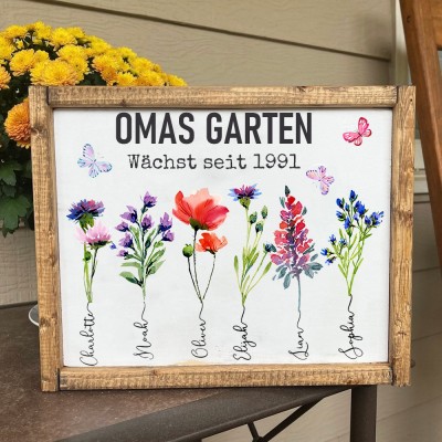 Personalisiertes Geburtsblumen-Schild „Omas Garten“ mit Holzrahmen – Geschenk für Mama, Oma, Muttertagsgeschenk