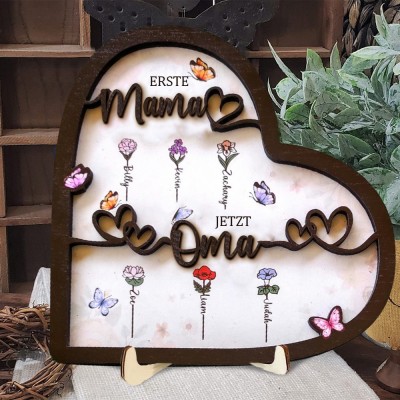 Personalisierter Holzrahmen mit Geburtsblumendruck "Erste Mama, jetzt Oma" mit Namen, einzigartiges Geburtstagsgeschenk für Mama, Oma, Muttertag, Geschenkideen, Familienschild
