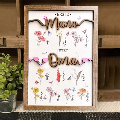Personalisiertes Holzschild mit Geburtsblumenrahmen "Erst Mama, jetzt Oma" mit den Namen der Kinder. Einzigartiges Geburtstagsgeschenk für Mama, Oma, Familienandenken, Holzschild, Geschenkideen zum Muttertag