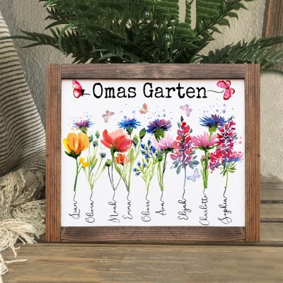 Personalisierter Namensrahmen mit Geburtsblumenmotiv aus Holz – Omas Garten – Perfekte Geschenkidee für Mama, Oma und Muttertag