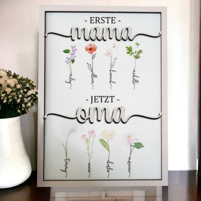 Personalisiertes Familienschild mit Geburtsblumendruck und Kindernamen, "Erste Mama, jetzt Oma", Geburtstagsgeschenk für Mama und Oma, hölzernes Andenkenschild, einzigartige Geschenkideen zum Muttertag
