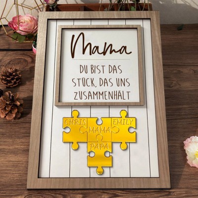 Personalisiertes Familien-Puzzleteilschild aus Holz für Mama mit 1–20 Kindernamen aus Acryl. Geburtstagsgeschenk für Mama und Oma. Einzigartige Muttertagsgeschenke. Schwangerschaftsgeschenk für Mama.