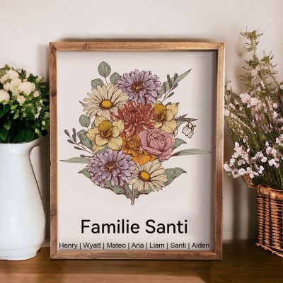 Personalisierter Kunstdruck im Holzrahmen, Familienplakette mit Geburtsblumen und Kindernamen, Geschenkidee für Mama und Oma zum Muttertag und zu Weihnachten