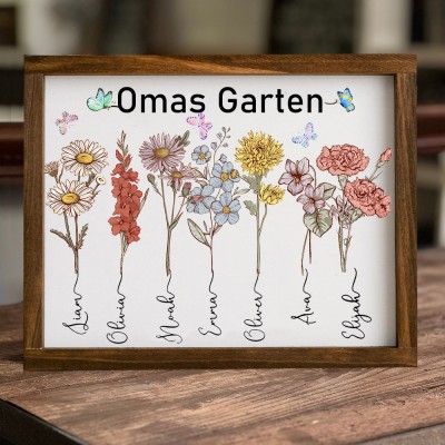 Personalisierter Holzrahmen mit Geburtsblumenmotiv und den Namen der Enkelkinder – ein tolles Muttertagsgeschenk für Oma und Mama!