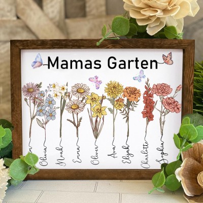 Personalisierter Bilderrahmen mit Geburtsblumenmotiv aus dem Garten der Mutter – Geschenkideen zum Muttertag für Oma und Mama
