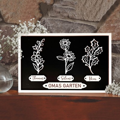 Personalisierter Holzrahmen mit Geburtsblumenmotiv aus Omas Garten und den Namen der Enkelkinder – einzigartige Geschenkidee zum Muttertag