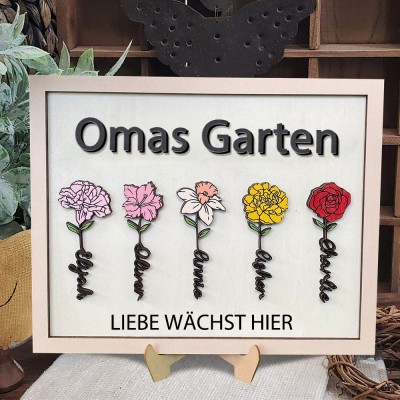 „Omas Garten – Hier wächst die Liebe“ – Personalisierter Holzrahmen mit Geburtsblumenmotiv – Geschenkidee für Mama, Oma und Muttertag