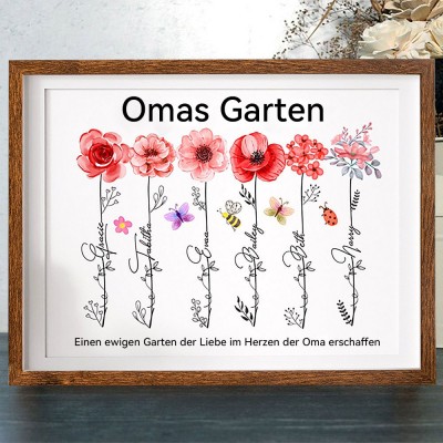 Personalisierter Kunstdruck mit Geburtsblumenrahmen – Geschenkidee für Omas Garten – Muttertagsgeschenkidee