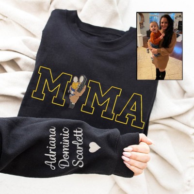 Benutzerdefiniertes Mama-Foto-Sweatshirt mit besticktem Hoodie und Kindernamen auf dem Ärmel. Einzigartiges Geburtstagsgeschenk für Mama. Muttertagsgeschenkideen. Schwangerschaftsgeschenk für Mama