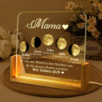So sah der Mond in den Nächten aus, in denen du unsere Mama wurdest. Individuelles Mondphasen-Nachtlicht für Mama. Muttertagsgeschenk.