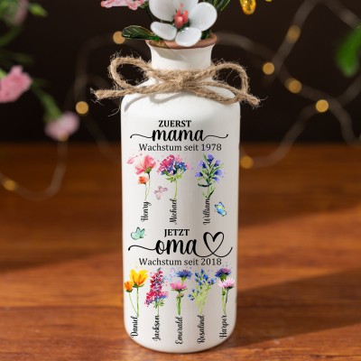 Personalisierte Blumenvase mit dem Geburtsmonat „Erste Mama, jetzt Oma“ und den Namen der Kinder, Geschenke für Mama und Oma, Geschenkideen zum Muttertag