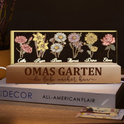Personalisiertes Omas Garten-Nachtlicht aus Holz mit Aufdruck „Geburtsblumen und Namen der Enkelkinder“, Familienkunstgeschenke, einzigartiges Muttertagsgeschenk für Mama und Oma