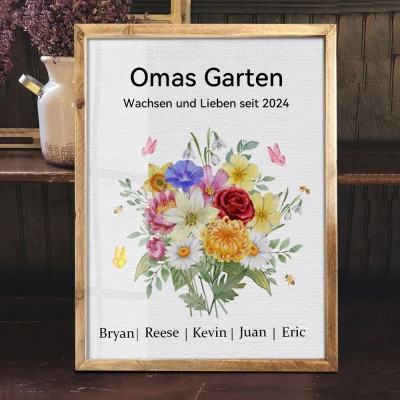Personalisierter Geburtsblumen-Rahmen aus Holz für Omas Garten – Geschenkideen zum Muttertag für Mama und Oma