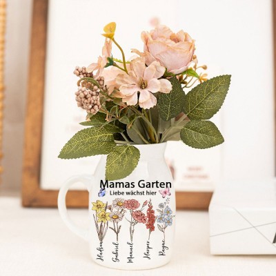 Personalisierter Kunstdruck Aquarell Mamas Garten Geburtsblumenvase mit Kindernamen Familiengeschenk für Mama Oma Einzigartige Muttertagsgeschenkidee