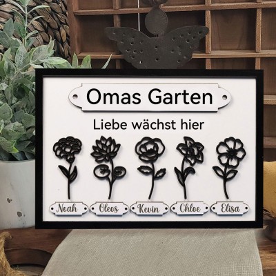Personalisierter Holzrahmen mit Geburtsblumenmotiv und den Namen der Enkelkinder – Geschenkidee für Oma und Mama zum Muttertag