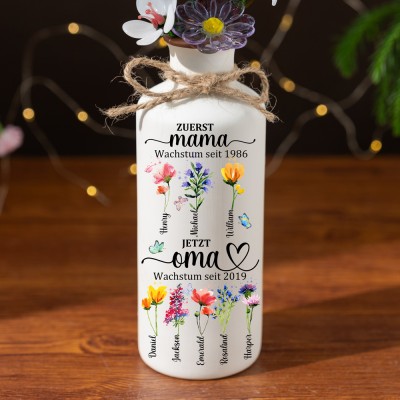 Blumenvase mit dem Geburtsmonat „Erste Mama, jetzt Oma“ und den Namen der Kinder, Geschenk zum Muttertag, personalisierte Geschenke für Mama und Oma