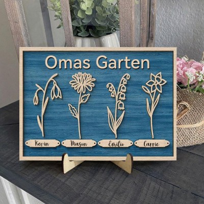 Personalisierter Geburtsmonatsblumen-Holzrahmen mit Namen – Geschenkideen für Oma, Mama und Muttertag