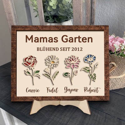 Personalisierter Holzrahmen mit Geburtsblumenmotiv „Mamas Garten“ und Namen – perfekte Geschenkidee für Mama, Oma und zum Muttertag