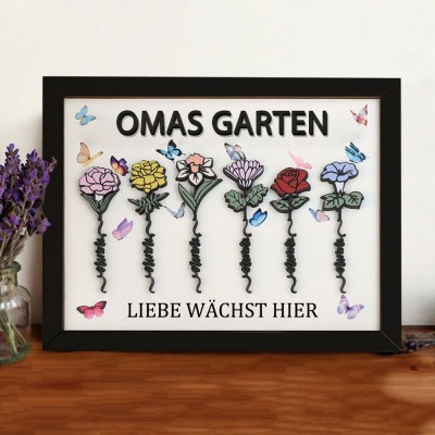 Personalisiertes Oma-Garten-Schild „Hier wächst die Liebe“ mit Geburtsblumen und Namen – Geschenke für Mama, Oma, Muttertagsgeschenkideen