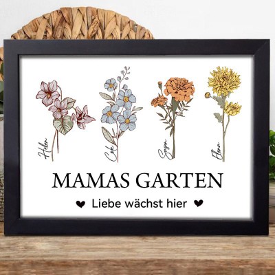 Personalisiertes Kunstdruckbild „Mamas Garten“ mit Geburtsmonatsblumen, Holzrahmen, Familiengeschenk für Mama und Oma, Muttertagsgeschenk