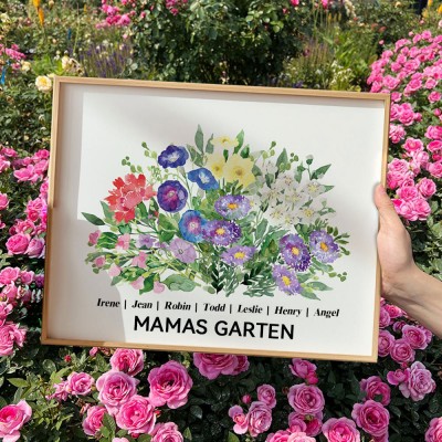 Personalisierter Bilderrahmen mit Blumenstrauß und Geburtsblumen aus Omas Garten, mit den Namen der Kinder – Geschenk für Mama und Oma zu Weihnachten