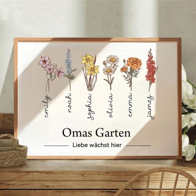 Blumenrahmen mit Geburtsmonatsblumen aus Omas Garten, personalisiert mit den Namen der Kinder – personalisierte Geschenke für Mama und Oma, Weihnachtsgeschenkideen