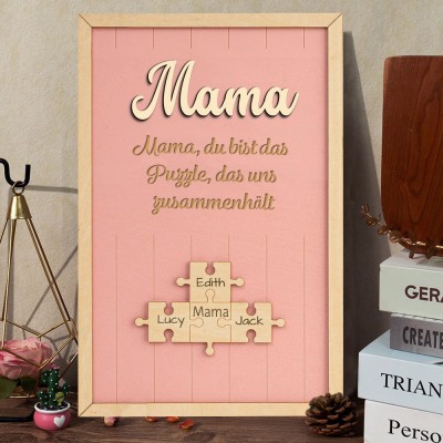 Personalisiertes Holzpuzzleteil „Mama, du bist das Stück, das uns verbindet“ mit Namenslogo, einzigartiges Geschenk für Mama, Oma, Muttertagsgeschenk