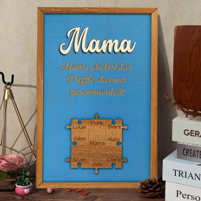 Personalisiertes Holzpuzzle „Mama, du bist das Stück, das uns zusammenbringt“ mit dem Namenslogo des Kindes, einzigartiges Andenkengeschenk für Mama, Oma und Muttertagsgeschenk