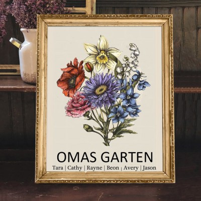Personalisierter Bilderrahmen „Omas Garten“ mit Geburtsblumenstrauß und den Namen der Enkelkinder – Geschenk für Oma und Mama zu Weihnachten