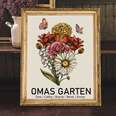 Personalisiertes Oma-Garten-Geburtsblumenstrauß mit Kindernamen – Erinnerungsgeschenk, Weihnachtsgeschenk für Oma und Mama