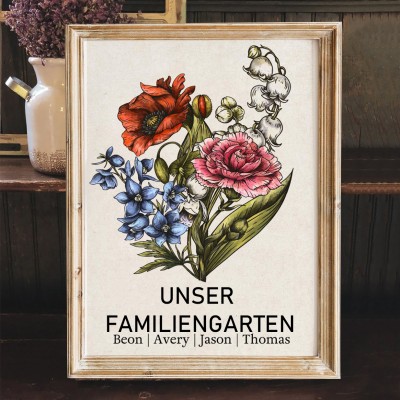 Personalisiertes Familien-Garten-Kunstdruck mit Geburtsmonatsblumenstrauß im Rahmen – Einzigartige Geschenke für Mama – Weihnachtsgeschenkideen