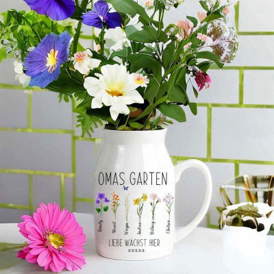 Personalisierte Geburtsblumenvase aus Omas Garten mit den Namen der Enkelkinder. Hier wächst die Liebe. Einzigartiges Andenken zum Geburtstag für Mama, Oma, Muttertagsgeschenke