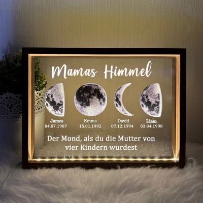 Personalisierter Nachtlichtrahmen mit Mondphasen für Mamas Himmel und den Namen der Kinder. Einzigartige Geschenke für Mama. Geschenkideen zum Muttertag.