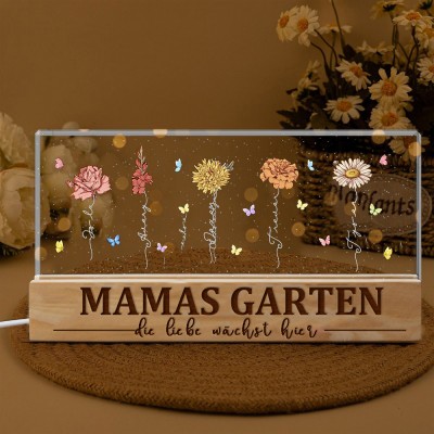 Personalisierte Mamas Garten-Nachtlicht Lampe aus Holz mit aufgedruckten Geburtsblumen und Kindernamen, Geburtstagsgeschenke für Mama, Oma, einzigartige Geschenkideen zum Muttertag
