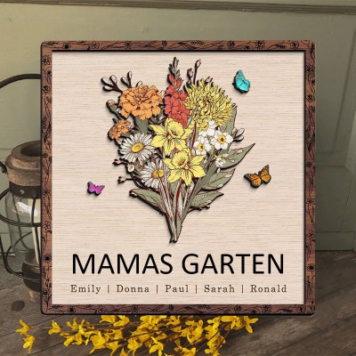 Personalisierter Holzrahmen „Mamas Garten“ mit Geburtsmonatsblumen – Einzigartige Geschenke für Mama und Oma, Weihnachtsgeschenkideen