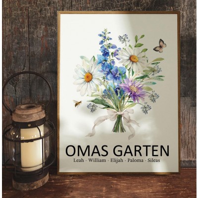 Personalisiertes Bilderrahmen-Schild „Omas Garten“ mit Geburtsblumenstrauß und Namen – Erinnerungsgeschenk für Oma und Mama – Weihnachtsgeschenkideen