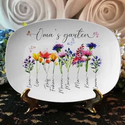 Personalisierter bedruckter Gartenteller für Oma mit Geburtsblume und den Namen der Enkelkinder, einzigartiges Geburtstagsgeschenk für Mama, Oma, Muttertagsgeschenkideen, Familienkunstgeschenk