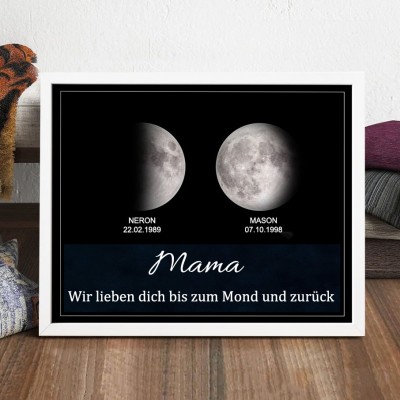 Personalisiertes Schild mit der Aufschrift „Wir lieben dich bis zum Mond und zurück“ für Mama, Mondphasendruck mit den Namen der Kinder, einzigartiges Familiengeschenk für Mama und Oma, Geschenkideen zum Muttertag, Babyparty-Geschenk